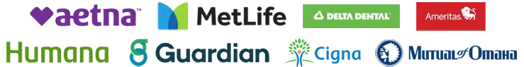 Logos of accepted insurance providers: Aetna, MetLife, Delta Dental, Ameritas, Humana, Guardian, Cigna, and Mutual of Omaha
